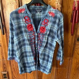 Johnny Was Blue Plaid Shirt